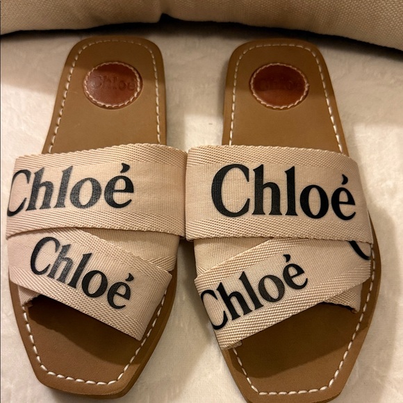 Chloe Shoes - Chloe Woody Flat Mules Women's Tan Sandals Slides
